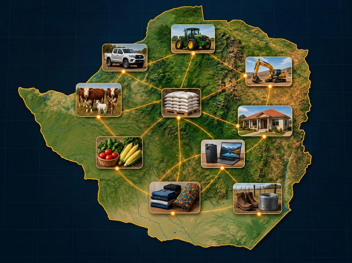 Map of Zimbabwe with photographs of a pickup truck, tractor, excavator, cattle, stockfeed sacks, houses, a phone and laptop, fresh produce, clothing and work boots placed across the country